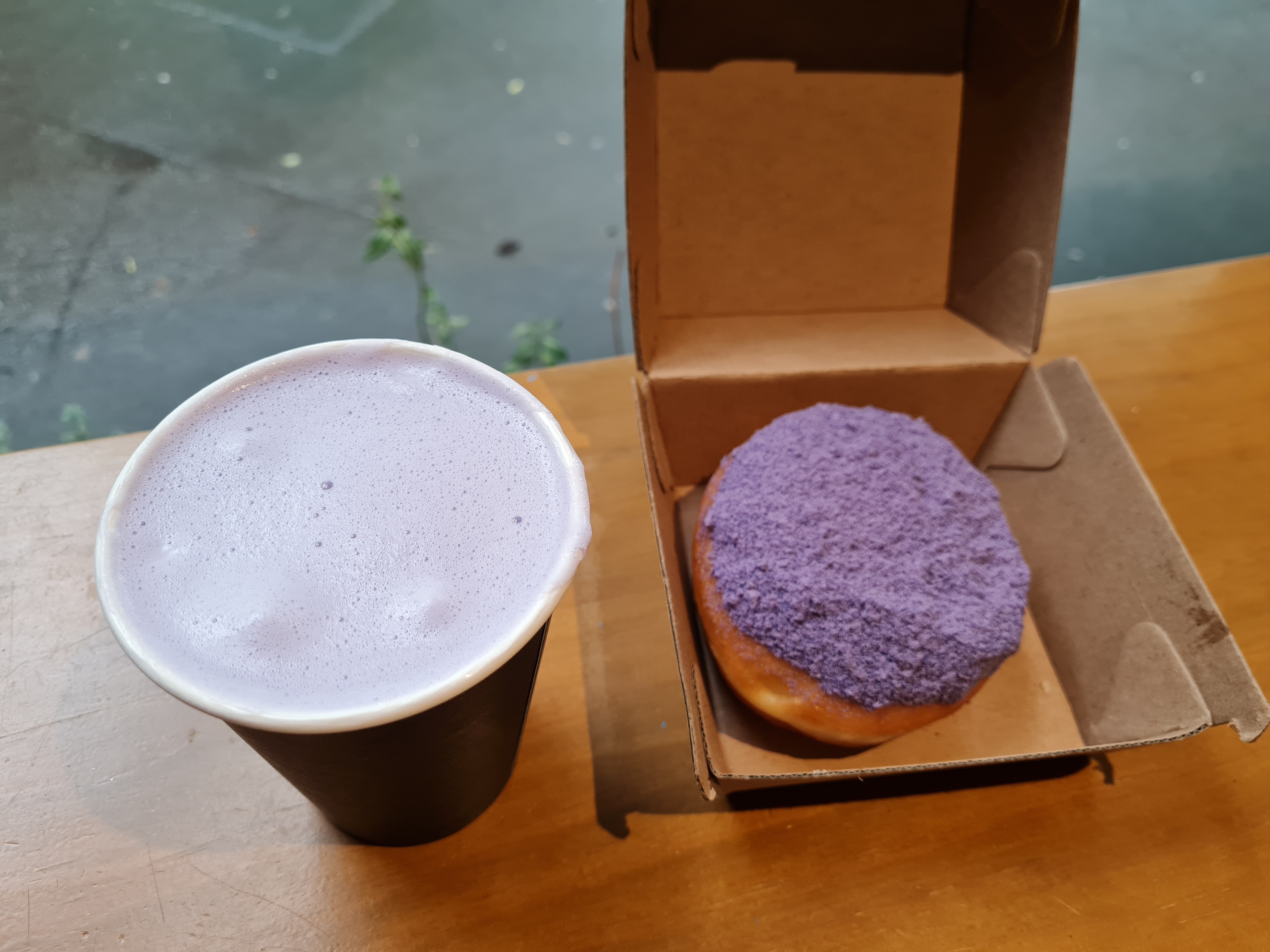 Ube doughnut and latte